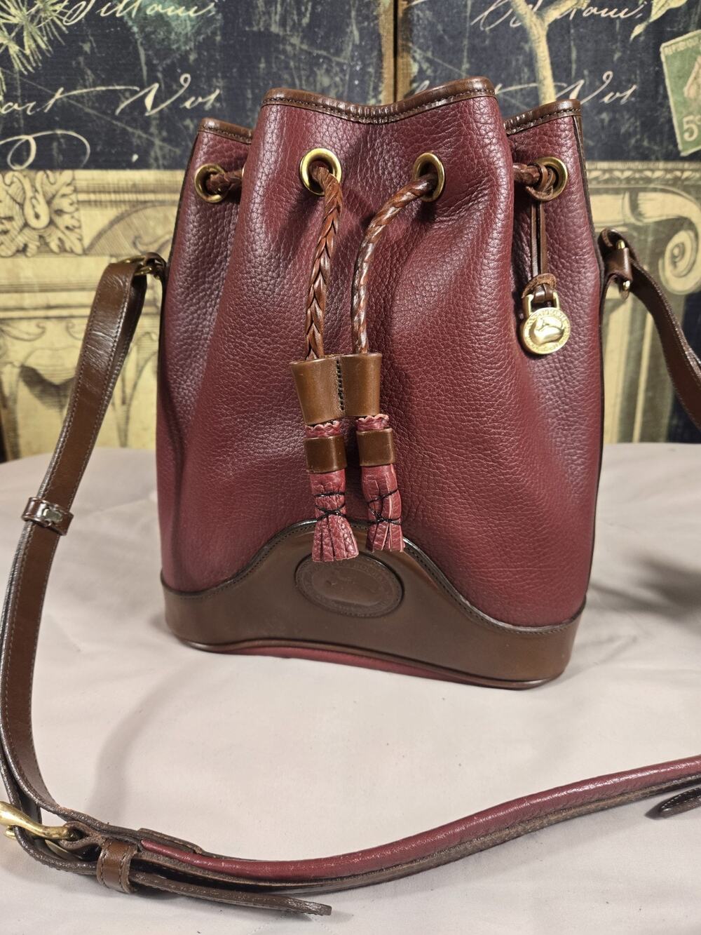 Dooney & Bourke Vintage 90s Drawstring Bucket Bag Maroon Pebbled Leather